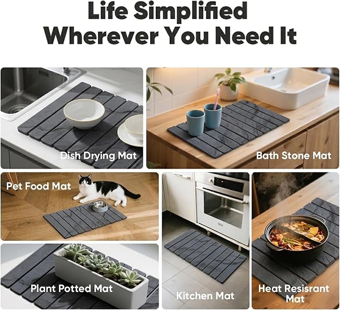 Stone Drying Mat for Kitchen Counter, Quick Diatomaceous Earth Mats for Dishes, 24"L x 16" W Super Absorbent Fast-Drying Collapsible Countertop Stone Mat (Marble Grey-04, 24" x 16")