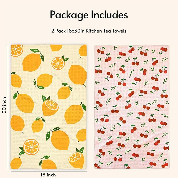 Eulnars Kitchen Towels, 18" x 30" Dish Towels, Microfiber Tea Towels for Kitchen Drying, Superior Absorbency, Lemon Cherry Series, 2-Pack