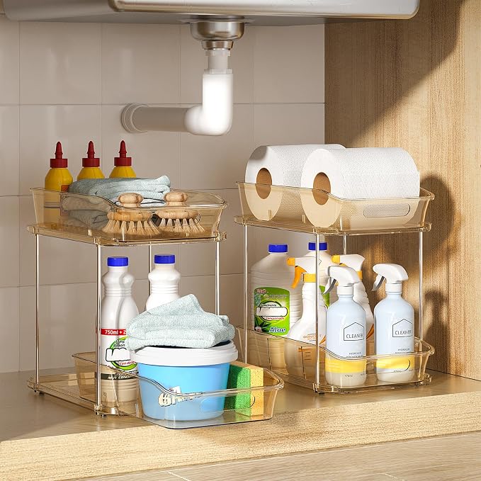 Delamu 2-Tier Under Sink Organizers and Storage, Multi-Purpose Stackable Bathroom Cabinet organizers, Pull Out Kitchen Pantry Organization and Storage with Dividers(2 Pack, Amber)