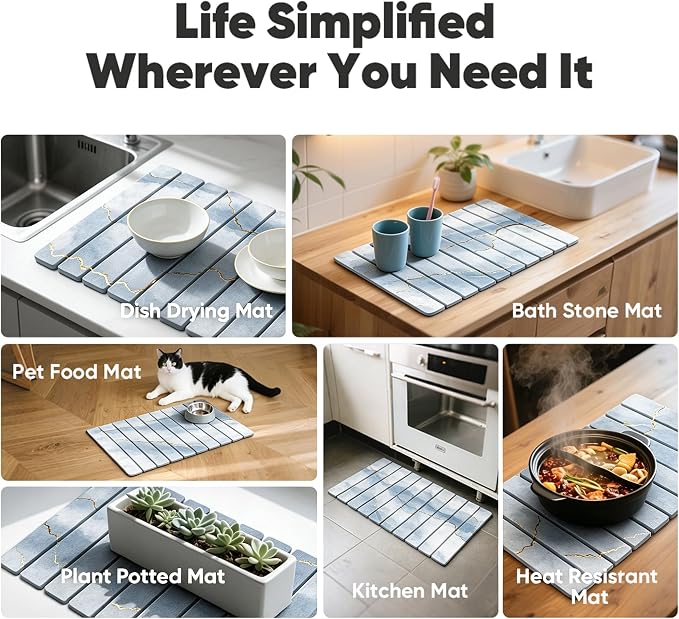 Stone Drying Mat for Kitchen Counter, Quick Diatomaceous Earth Mats for Dishes, 24"L x 16" W Super Absorbent Fast-Drying Collapsible Countertop Stone Mat (Marble White-09, 24" x 16")