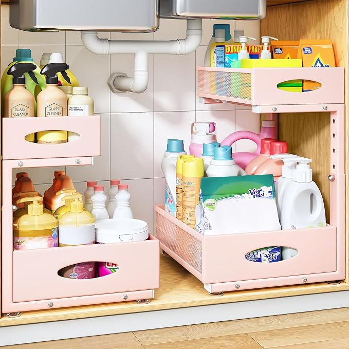 Under Sink Organizer, 2 Pack 2 Tier Pull Out Under Cabinet Organizer Shelf with Pad for Framed Cabinets, Metal Slide Out Under Sink Storage, Mesh Sliding Drawers for Kitchen Bathroom Laundry, Pink