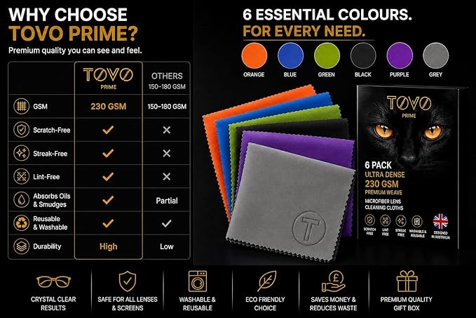 Microfiber Cleaning Cloth – 6 Pack, 230 GSM Ultra Soft Lens Cloth for Glasses, Camera & Screens, Streak-Free, Lint-Free, Scratch-Safe (6x7 Inch)