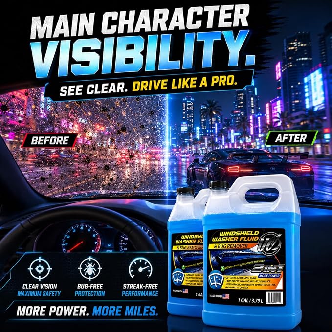 UCS 2-in-1 Windshield Washer Fluid 2-Pack (1 Gallon Each, 256 fl oz Total) – Ready to Use, Streak-Free Formula, All-Weather Cleaning, Removes Bugs, Dirt & Road Grime – Premium Windshield Cleaner