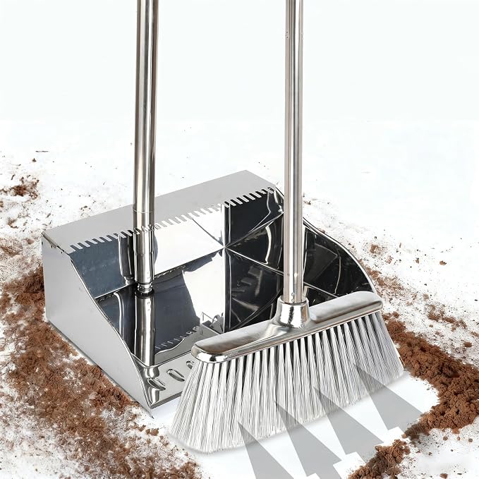 Metal Dustpan with Soft Bristles Broom Heavy Duty Stainless Steel Upright Standing Dust Pan and Broom for Sweeping Indoor Outdoor Home Kitchen Office Lobby Hardwood Floor Cleaning