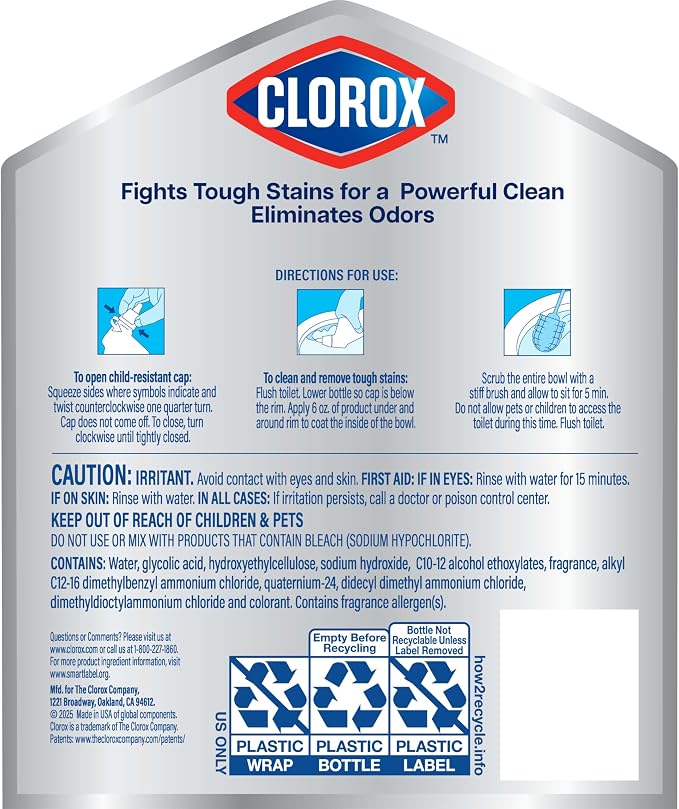 Clorox Toilet Bowl Cleaner Heavy-Duty Gel, Arctic Clean, Bleach-Free Stain Remover, Kills 99.9% of Germs, 24 oz, Pack of 2