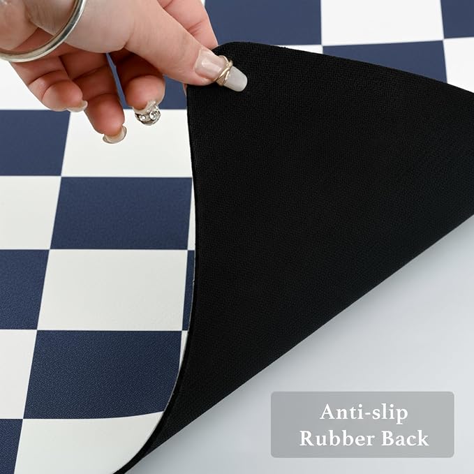Ohocut Checkered Dish Drying Mat for Kitchen Counter, Coffee Bar Station Accessories, Retro Cute Aesthetic Modern Absorbent Drainer Mat Kitchen Drying Mat Easy Clean (Navy Blue, 24" x 16")