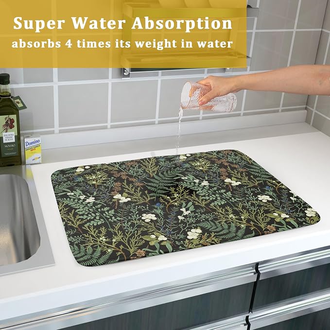 Green Plants Dish Drying Mat for Kitchen Counter Microfiber Absorbent Dish Draining Reusable Washable Foldable Extra Large 18"x24"