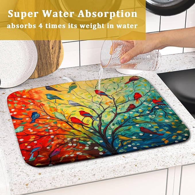 Colorful Spring Summer Tree Bird Dish Drying Mats for Kitchen Counter 16”x18” Absorbent Reversible Microfiber Spring Floral Dish Drying Pad Seasonal Flowers Mat Dish Draining Mat for Countertop Decor