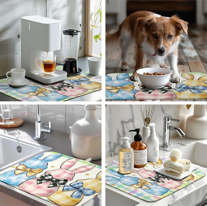 Easter Drying Mat for Kitchen Counter 18x24 Inch Spring Cute Bunny Dish Drying Mats Colorful Buffalo Plaid Rabbits Drying Pad Microfiber Absorbent Dish Drainer Rack Mat Easter Kitchen Accessories