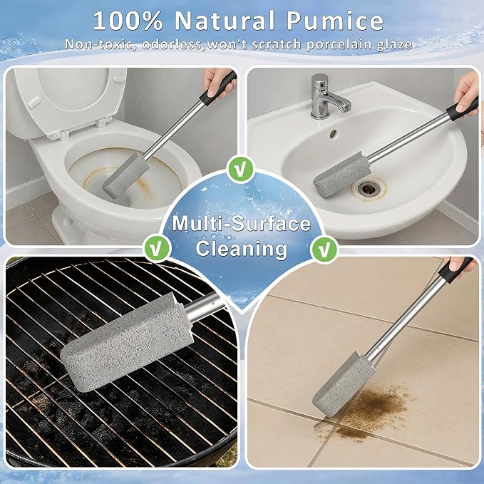 4-Pack Pumice Stone Cleaner with Handle & No-Touch Heads - Hard Water Ring, Limescale & Rust Remover for Toilet, Tub, Tile, Sink, Pool & Grill Surfaces(Black)
