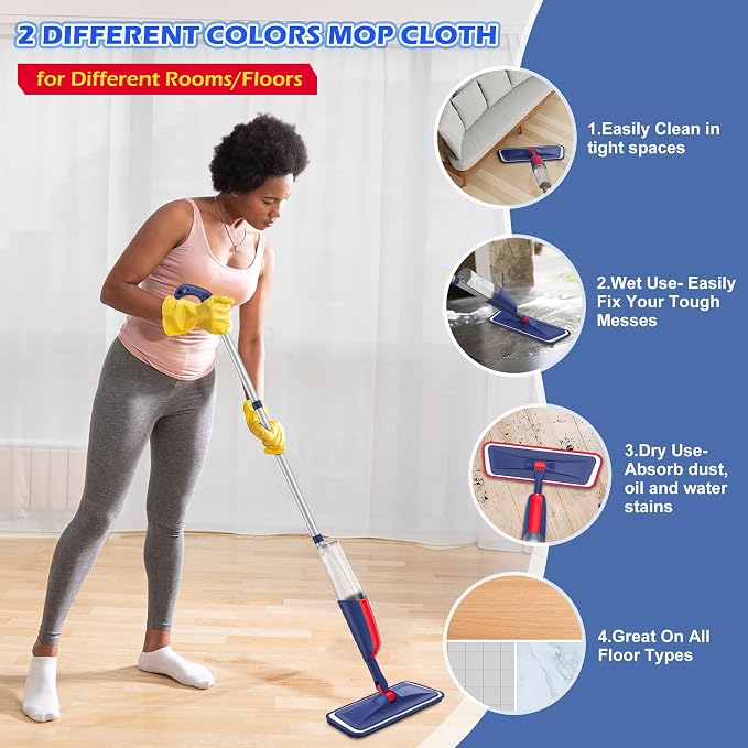 Spray Mops for Floor Cleaning: Wet Mops Floor Mop with 2 Refillable Bottles | 4 Washable Pads for Swiffer PowerMop, 360° Swivel Head, Commercial Dust Mop Reusable for Hardwood Wood Laminate Ceramic Tiles