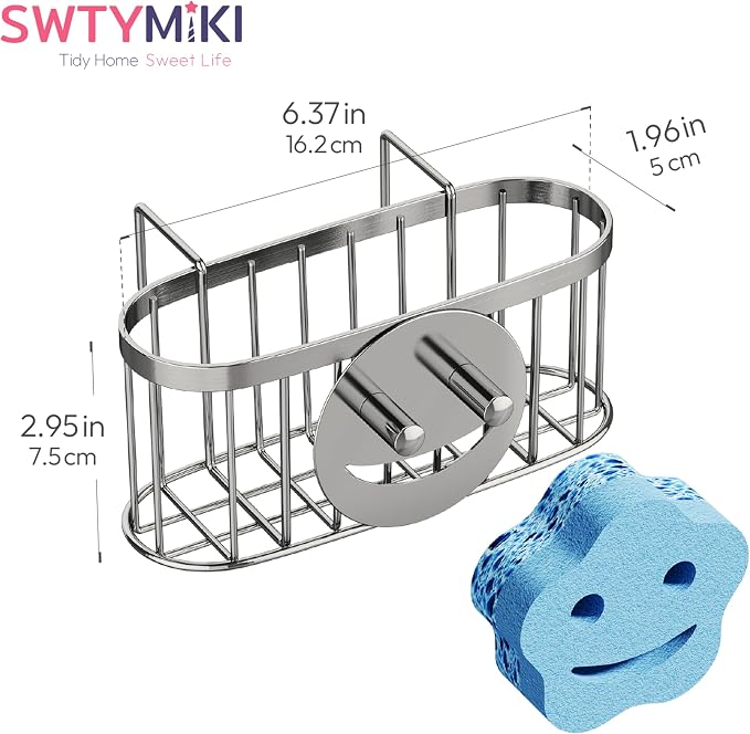 SWTYMIKI Sponge Holder for Kitchen Sink - Movable Sink Caddy with Smiley Face Sponge Holder, Rustproof Hanging Sponge Organizer in Double Bowl Sinks Depth>3.15in, Middle Divider<1.5in, Silver