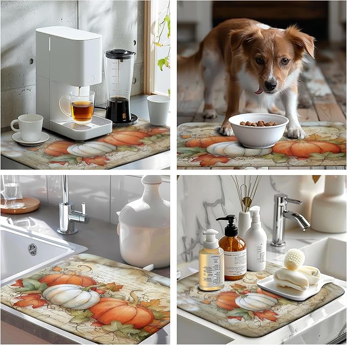 Autumn Kitchen Drying Mat 18x24 Inch Fall Pumpkin Maple Leaves Dish Drying Mats for Kitchen Counter Thanksgiving Absorbent Microfiber Dish Rack Mat for Coffee Bar Sink