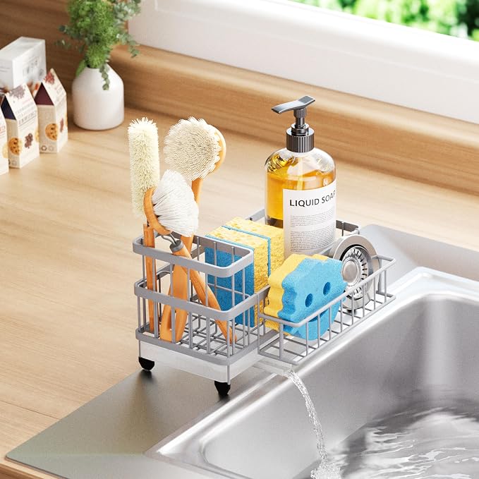 Consumest Sponge Holder for Kitchen Sink - Auto Draining Sink Caddy Organizer with Detachable Rack, High Brush Holder, Kitchen Countertop Storage Accessories, Grey
