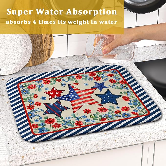 Patriotic Stars Dish Drying Mat for Kitchen Counter 4th of July Holiday Absorbent Reversible Microfiber Dish Pad Small