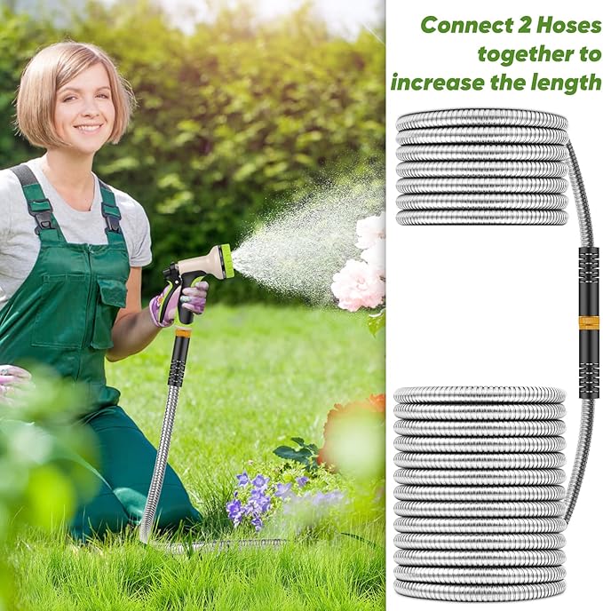 Unywarse Garden Hose 75ft, Stainless Steel Heavy Duty Water Hose with 10 Function Nozzle Flexible, Lightweight, No-Kink, Pet Proof, Puncture Proof Metal Hose for Yard, Outdoor