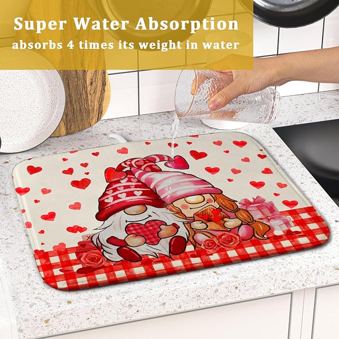 Love Gnome Dish Drying Mat 16"x18" Red Heart Microfiber Dish Drainer Rack Mat Holiday Absorbent Dishes Pad for Kitchen Counter Sink Decor
