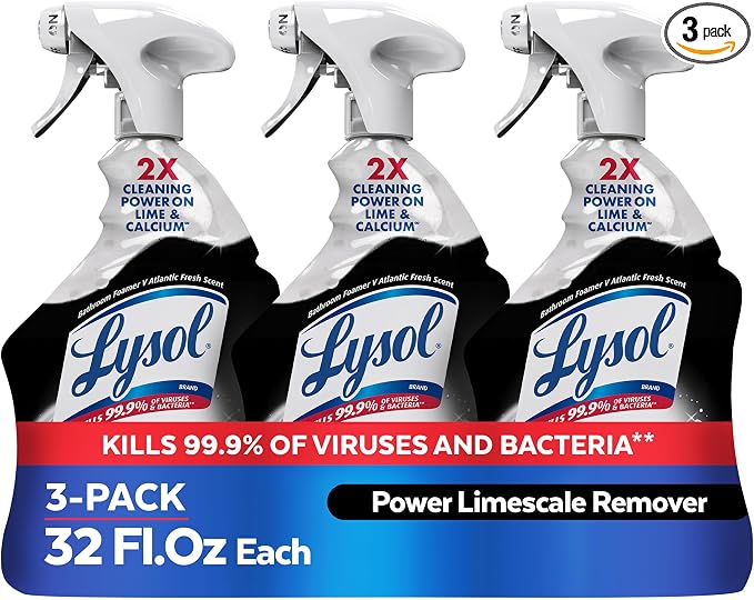 Lysol Power Limescale Remover Bathroom Cleaner Spray, Hard Water Stain Remover, Disinfecting Multipurpose Cleaner for Shower & Bathtub, Tough on Lime & Calcium, 0% Bleach, Atlantic Fresh Scent, 32oz