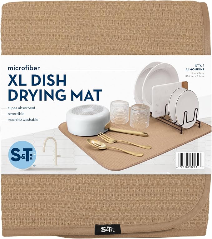 S&T INC. Dish Drying Mat, 18" x 24", XL, Diamond Texture, Tan | Absorbent Microfiber, Extra Large Kitchen Counter Mat for Dishes, Utensils, Pots and Pans, Machine Washable