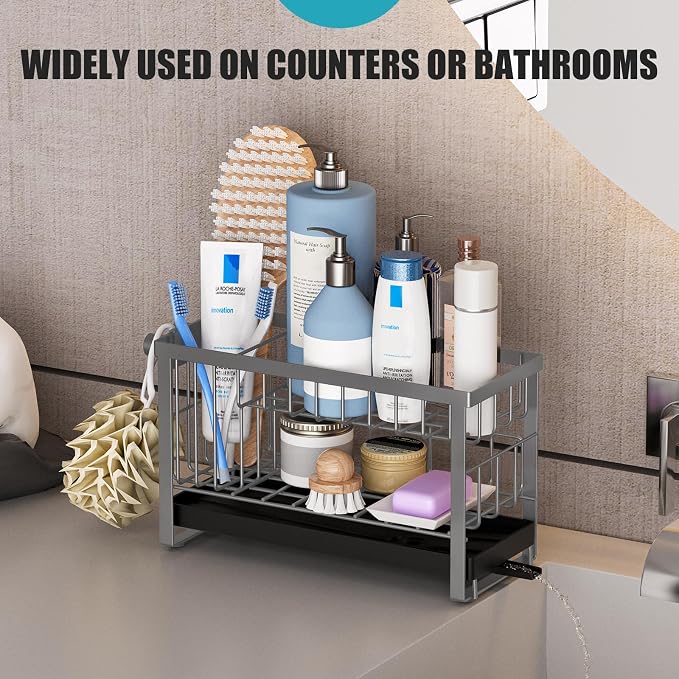 Sponge Holder for Kitchen Sink with Flexible Smiley Face, 2 Tier Kitchen Sink Organizer, Countertop and Storage Essentials, Soap Dispenser Organizer, Home Decor Accessories - Gray