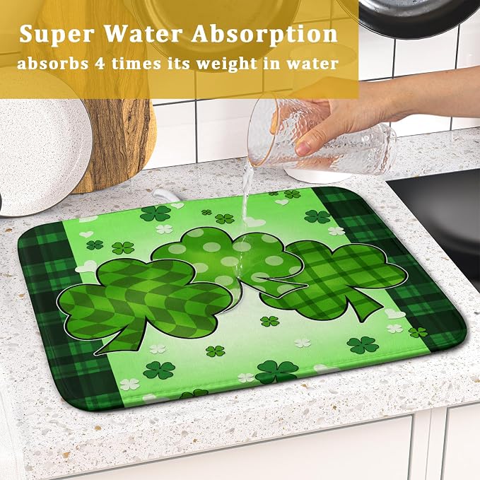 St Patrick's Day Shamrocks Dish Drying Mat 16x18 Inch - Lucky Clovers Kitchen Spring Irish Green Buffalo Check Plaid Pad - Absorbent Microfiber for Coffee Bar