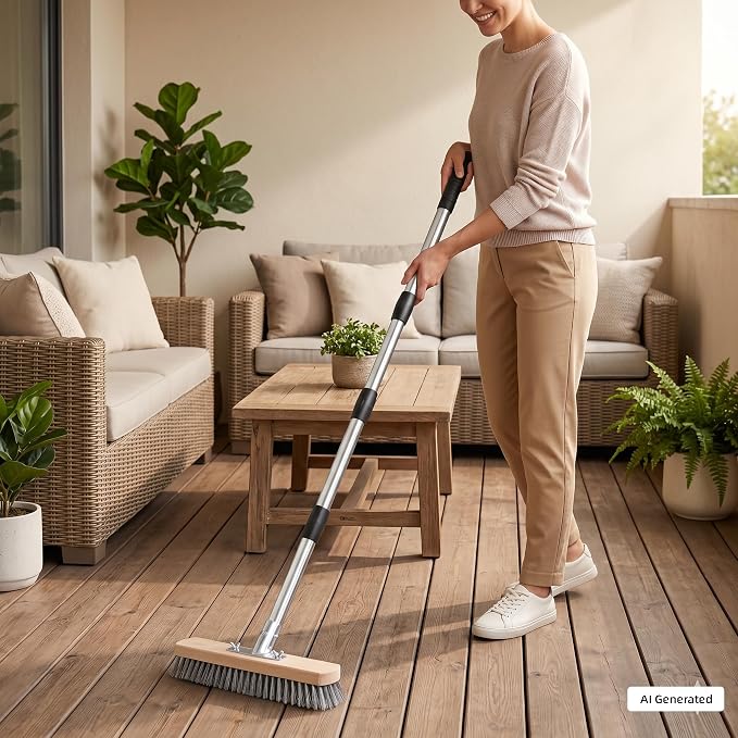 Stainless Steel Wire Scrub Brush with Long Handle, Heavy Duty Floor Scrubber Brush, Moss Remover Wire Broom for Deck, Rough Surface, Concrete Floor, Patio, Garden, Garage