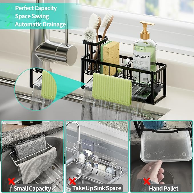 HapiRm Sponge Holder for Kitchen Sink - Self-draining Sink Caddy with Brush and Dishcloth Holders with Sloping Drainage - Black