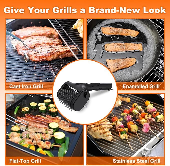 Electric Grill Brush – 2600mAh Rechargeable Outdoor Grill Cleaner, 2-Speed Adjustable (Up to 1000 RPM), 2 Replacement Heads, with LED Light, for BBQ Grates/Camping Stoves (Black)