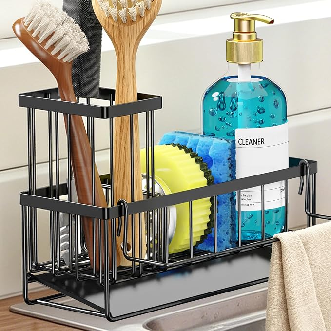 Sponge Holder for Kitchen Sink, Kitchen Sink Caddy, Kitchen Sink Sponge Holder, Dish Sponge Holder, Kitchen Sink Organizer for Sponge, Dish Brush, Scrubber(9.65" x 3.74" x 6.3", Black)