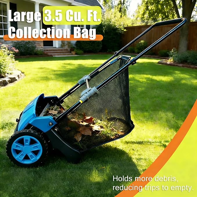 GarveeLife Manual Push Lawn Sweeper 21-Inch, Yard Leaf & Debris Collector with 3.5 Cu. Ft. Collection Bag, Adjustable Brush Height for Lawns & Driveways, Foldable Storage Design