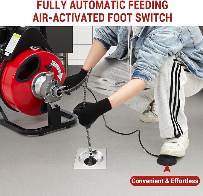 100Ft x 1/2 Inch Electric Drain Cleaner Machine, 370W Auto-Feed Sewer Snake Auger with 8 Interchangeable Cutter Heads & Foot Pedal – Heavy Duty Portable Drain Cleaning Tool for 1–4 Inch Pipes