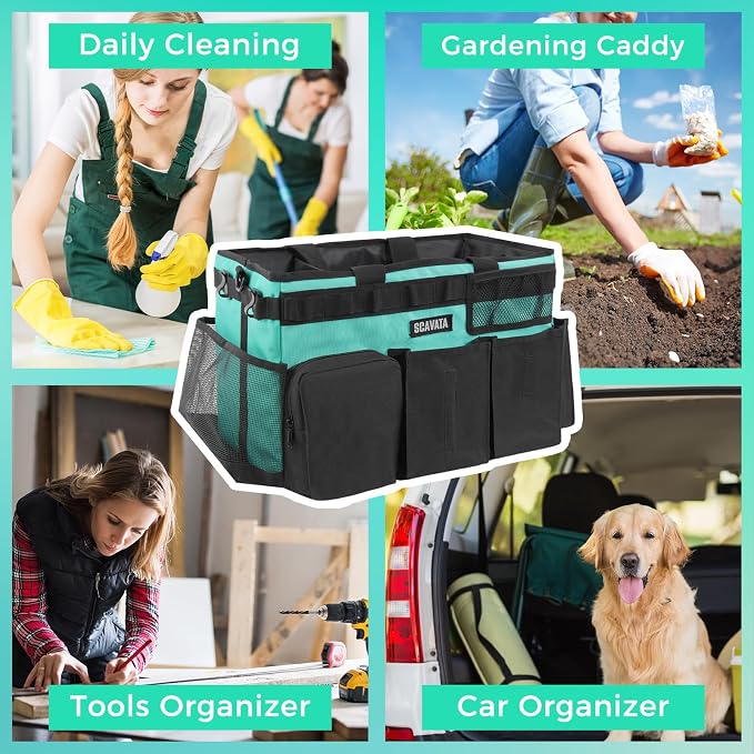 SCAVATA Wearable Cleaning Caddy Bag, Cleaning Caddy Supplies Organizer with Handle & Shoulder Straps for Housekeepers, Under Sink & Car Cleaning Tool Organizers with 4 Foldable Divider (Lake Blue)