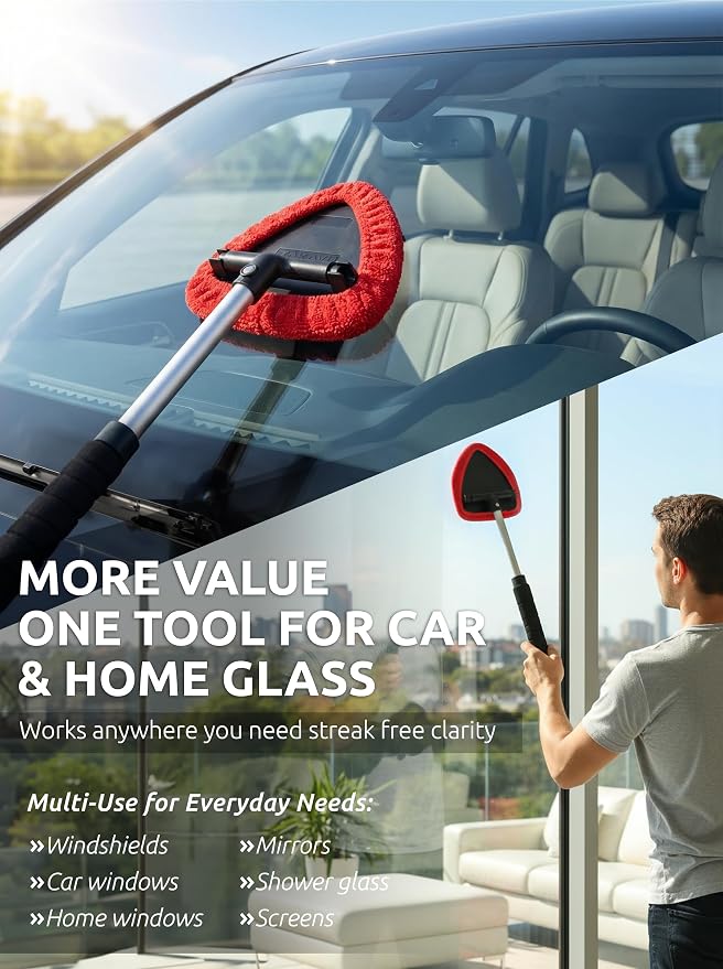 TAKAVU Window & Windshield Cleaner, Extendable, 3 Microfiber Pads (Red) | Pivoting Triangle Head Wiper Cleans Interior & Exterior Glass, 3 Washable Reusable Bonnets, Lint-Free