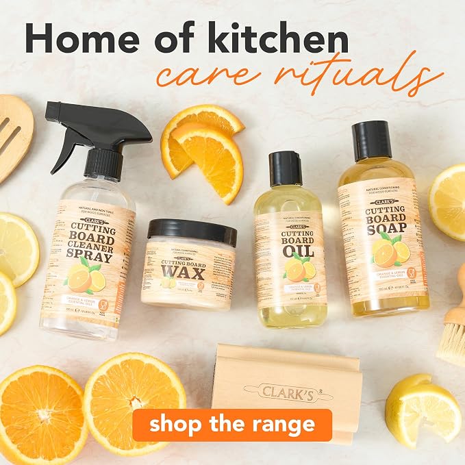 CLARK'S Natural Cutting Board Spray Cleaner 12oz, with Microfiber Cloth, for Wood Countertop – Pure Ingredients Filtered Water, Distilled Vinegar, Castile Soap, Lemon & Orange Citrus Oil Extracts