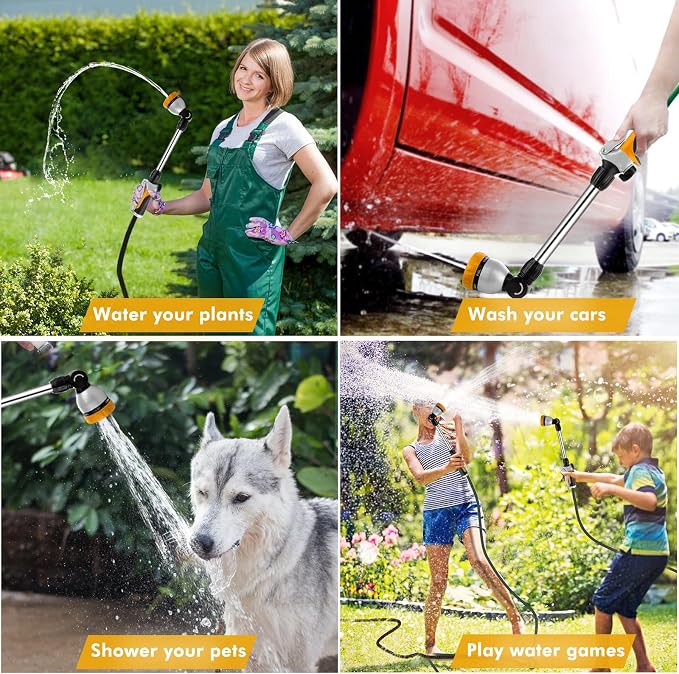RESTMO Heavy Duty Metal Hose Wand, Watering Wand for Garden Hose | 180° Swivel Ratcheting Head, 16'' Hose Sprayer, 7 Spray Patterns, Flow Control, Ideal for Hanging Baskets & Shrubs, Yellow