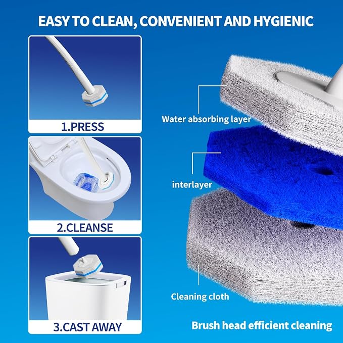 Disposable Toilet Brush Cleaning System with 50pcs Refills Pads Replacement Heads, Toilet Cleaning Stick, Wall Mounted Wand Kit Bathroom Maintenance, Toilet Bowl Cleaner Brush Holder and Set