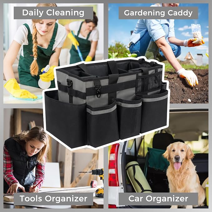 SCAVATA Wearable Cleaning Caddy, Cleaning Caddy Supplies Organizer with Handle & Shoulder Straps for Housekeepers, Under Sink & Car Cleaning Tool Organizers Bag with 4 Foldable Divider (MediumGrey)
