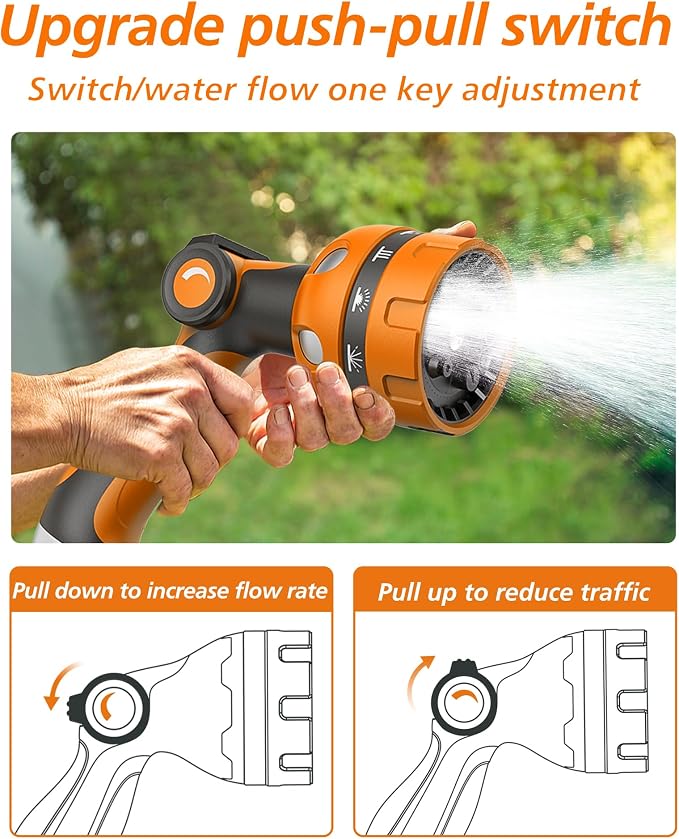 Garden Hose Nozzle, Heavy Duty Water Hose High Pressure Sprayer with 10 Watering Patterns, Thumb Control On Off Valve, for Watering outdoor Plants & Lawn, Car & Pet Washing-(Orange Red)