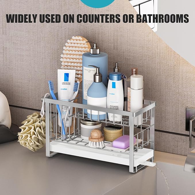 Sponge Holder for Kitchen Sink with Flexible Sink Caddy Smiley Face,2 Tier Kitchen Sink Organizer Countertop and Storage Essentials,Soap Dispenser Organize,Home Decor Accessories-Silver
