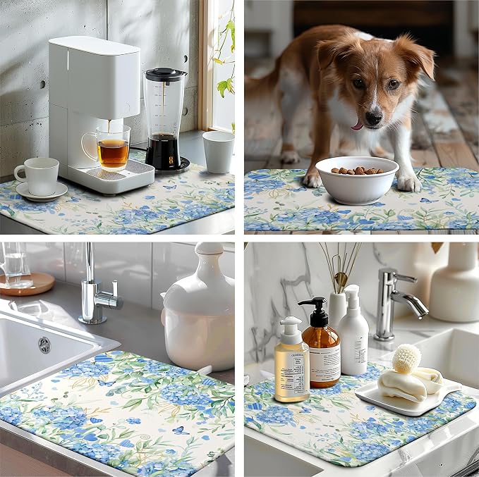 Blue Hydrangea Floral Dish Drying Mat for Kitchen Counter Spring Butterfly Flower Drainer Mat Absorbent Reversible Microfiber Heat Resistant Dry Pad Reusable Washable Dishes Pad 18x24 Inch
