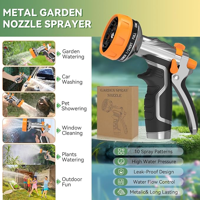 Garden Hose Nozzle, Heavy Duty Metal Water Hose Nozzle with 8 Adjustable Spray Patterns, High Pressure Hand Sprayer with Flow Control for for Garden Watering, Car & Pet Washing
