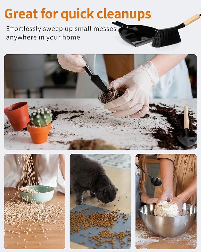 MR.SIGA Dustpan and Brush Set, Bamboo Handle, Black, 1 Set | Handheld brush and dustpan combo with hanging loop, small broom and dustpan set