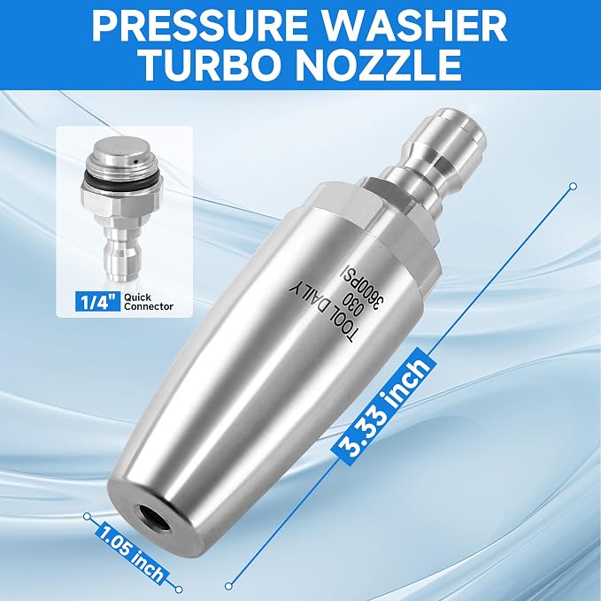 Tool Daily Turbo Nozzle Pressure Washer Stainless Steel, 360° Rotating | Pressure Washer Nozzle for Cleaning Brick, Concrete, and Wooden Surfaces, 1/4" Quick Connect, 3600 PSI, 3.0 GPM