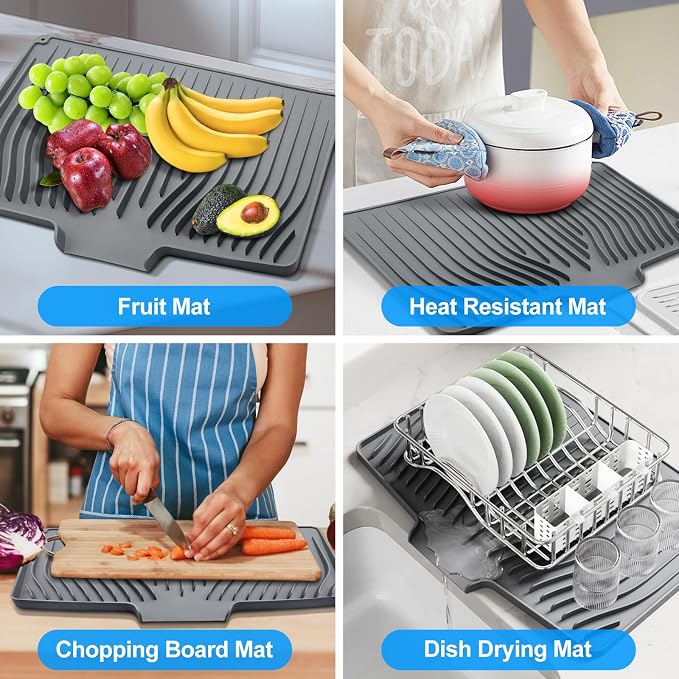 Silicone Dish Drying Mat for Kitchen Countertops and Sinks,19 x13.7 Inch Non Slip Heat Resistant Mat with Built In Drainage System,For Refrigerator and Drawer Liners (Gray, 19 x13.7 Inch)