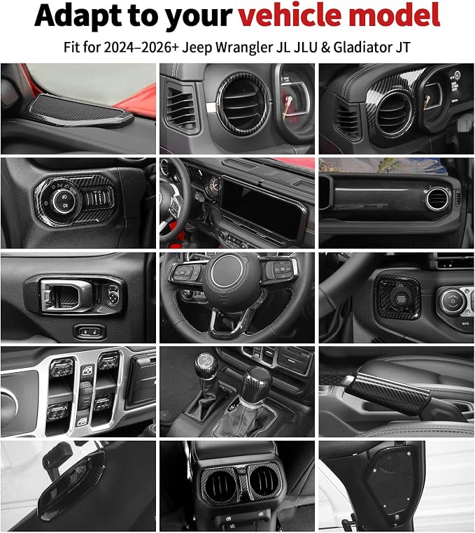 JWWY Carbon Fiber Interior Trim Kit Full Set Kit Decor Center Console Gear Shift Dashboard Panel,Door Window Switch Knob Speaker Cover Trim for 2024β2026 Jeep Wrangler JL JLU & Gladiator JT 28pcs