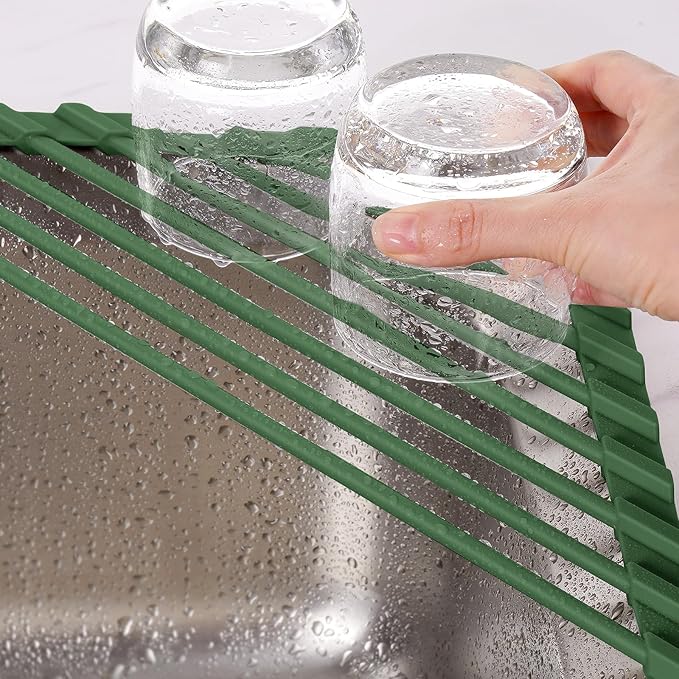 Tomorotec Compact Silicone-Coated Triangle Dish Drying Rack for Sink Corner - Foldable Stainless Steel Over-The-Sink Organizer and Storage Shelf (Army Green)