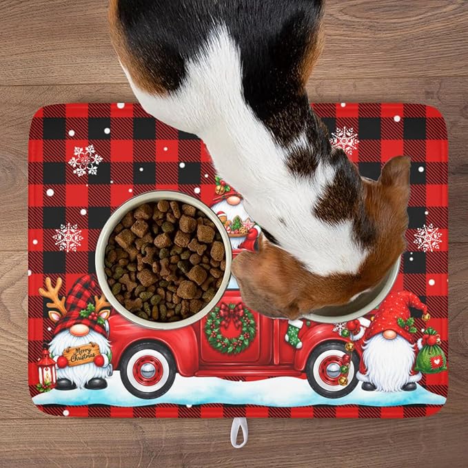 Christmas Dish Drying Mat for Kitchen Counter Xmas Gnome Truck Red Black Buffalo Plaid Dish Drainer Mat Rustic Farmhouse Holiday Absorbent Washable Drying Pad 18"x24"