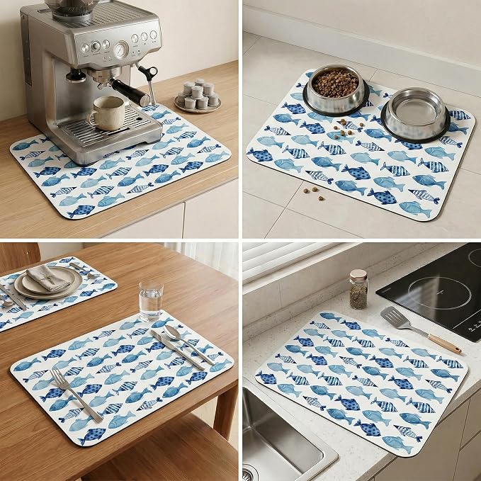 Blue Fish Dish Drying Mat for Kitchen Counter Sink, Summer Beach Absorbent Microfiber Drying Pad, Reversible Waterproof Countertop Mat for Kitchen Decor