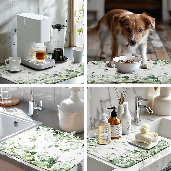 Sage Green Leaf Dish Drying Mat for Kitchen Counter Spring Eucalyptus Leaves Drying Mats Summer Floral Microfiber Absorbent Dishes Pad Reversible Washable Dish Drainer Rack Mat Large 18x24 Inch