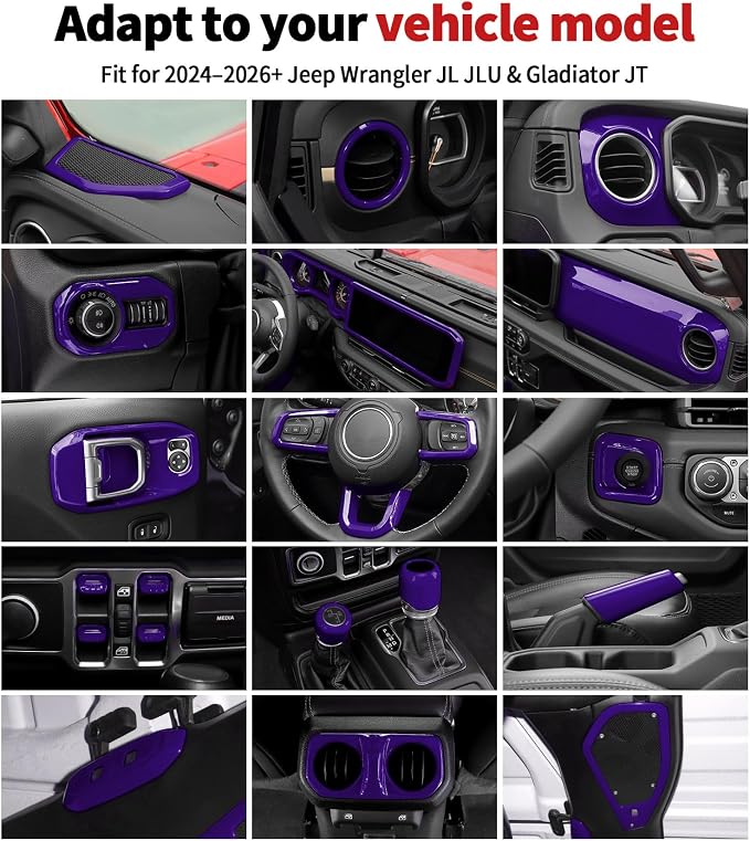 JWWY Interior Trim Kit Full Set Dress-Up Decor Set Center Console Gear Shift Dashboard Panel,Door Window Switch Knob Speaker Cover Trim for 2024β2026 Jeep Wrangler JL JLU & Gladiator JT Purple 28pcs
